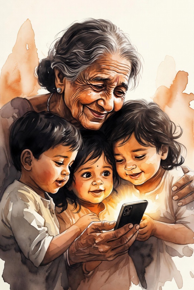 Grandmother with three grandchildren gathered around a glowing phone, sharing a family moment