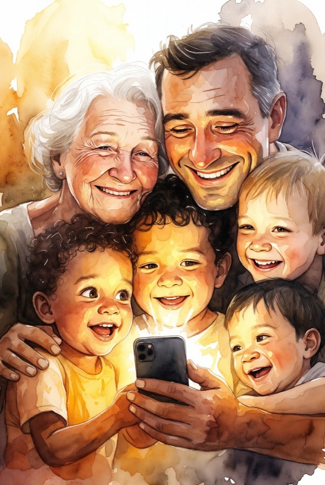 Full family including grandmother, father, and three children taking a joyful selfie together