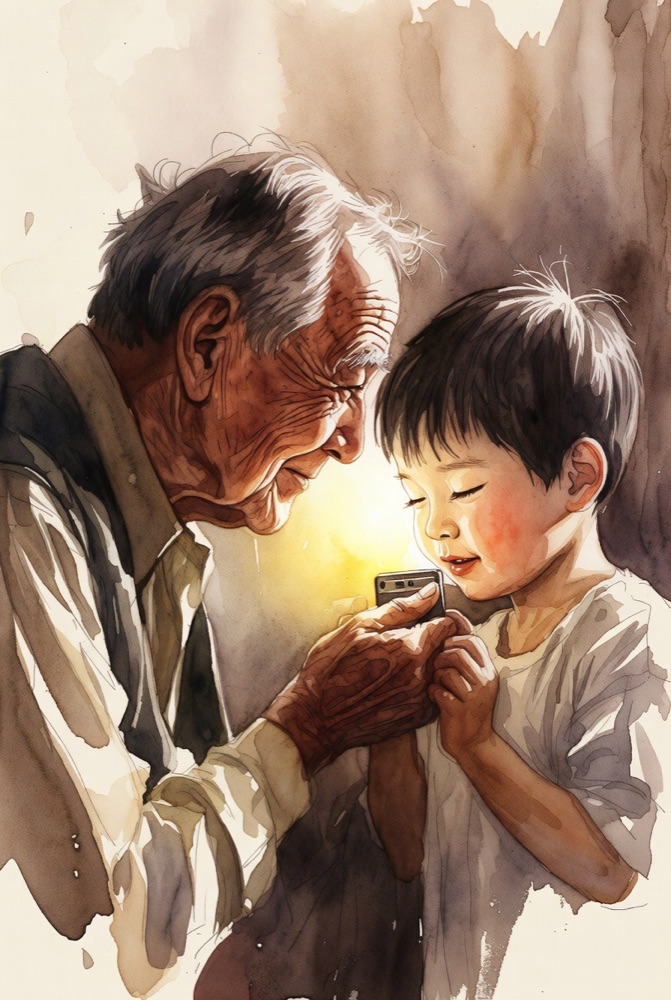 Grandfather and grandchild sitting together, looking at a phone with shared warmth